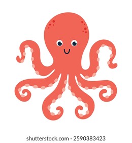 Kawaii red octopus character, big round eyes, wide, smiling face, cheerful expression. Cute sea animal with soft, rounded features. Naive cartoon vector illustration, ideal for childrens designs and u