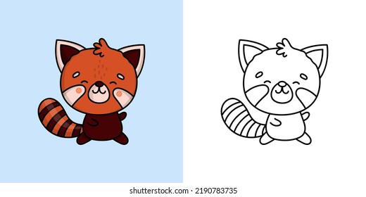 Kawaii Red Panda Clipart Multicolored and Black and White. Cute Kawaii Animal. Vector Illustration of a Kawaii Red Panda for Stickers, Prints for Clothes, Baby Shower, Coloring Pages.
