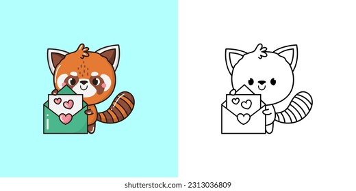 Kawaii Red Panda Clipart Multicolored and Black and White. Cute Kawaii Bear. Vector Illustration of a Kawaii Animal for Stickers, Prints for Clothes, Baby Shower, Coloring Pages.
