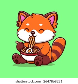 Kawaii Red Panda Comendo Ilustração Ramen. Panda Vermelha Bonita Comer Ramen. Delicioso Ramen e Red Panda.