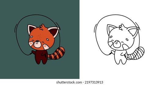 Kawaii Red Panda Sportsman Clipart Multicolored and Black and White. Cute Animal Sportsman. Vector Illustration of a Kawaii Animal for Stickers, Prints for Clothes, Baby Shower, Coloring Pages.
 svg
