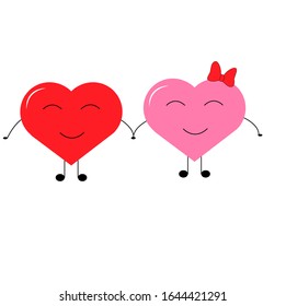 Kawaii Red And Pink Heart On The White Background, Happy Valentines Day symbol laughing red cute heart with hands and smile, isolated on white background, vector illustration
