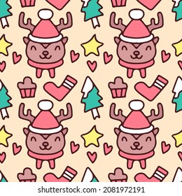 Kawaii reindeer celebrate Christmas cartoon. Seamless pattern for Nursery kids, greeting card, baby shower girl, fabric design.