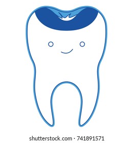kawaii restored tooth with root in blue silhouette vector illustration