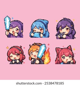 kawaii retro pixel art anime live streamer content creator gamer character set illustration.