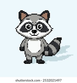 kawaii retro pixel art jogo raccoon corpo inteiro mascote personagem avatar ilustração.