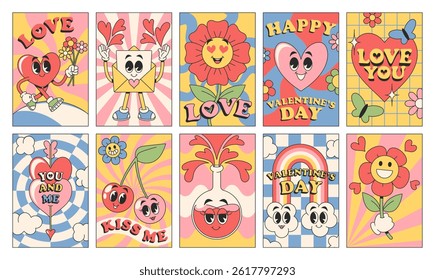 Kawaii retro Valentines dia cartão de cumprimentos com padrão bonito hippie groovy e amor impressões set