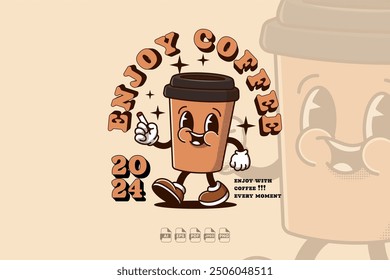 A kawaii, retro-style coffee cup happily walking with a joyful expression.