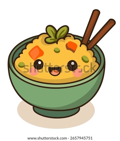 Kawaii rice bowl with vegetables, designed in a playful style. Perfect for food-related illustrations, especially vegetarian dishes or healthy meal ideas.