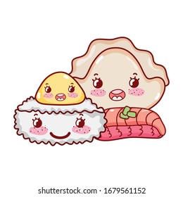 kawaii rice roll meat dumpling and cookie food japanese cartoon vector illustration sushi and rolls