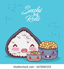 kawaii rice roll soup and caviar food japanese cartoon vector illustration sushi and rolls