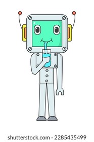 kawaii robot drinking vector design illustration, suitable for children's color book