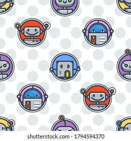Kawaii robot trendy seamless pattern in retro style. Modern endless tech ornament for kids. Vector texture with bots.