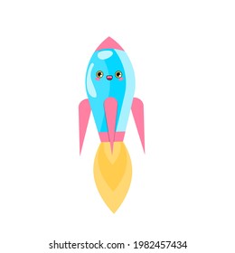 cohete Kawaii, diseño para niños. Ilustración vectorial, diseño brillante de dibujos animados planos, aislado sobre fondo blanco, eps 10.