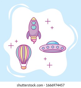 kawaii rocket, hot air balloon and flying saucer over blue background, colorful design, vector illustration