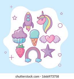 kawaii rocket and related icons over blue background, colorful design, vector illustration