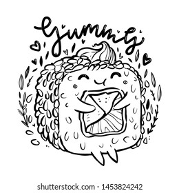 Kawaii roll and sushi in manga style, sprinkled with sesame seeds. Tasty and cute japanese food bacground in ink. Illustration for coloring book. Yummy lettering