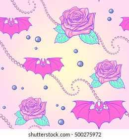 Kawaii Roses bats and pearl jewelry. Festive seamless pattern. Pastel goth palette. Cute girly gothic style art. EPS10 vector illustration