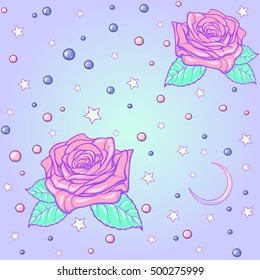 Kawaii Roses stars and moon crescent. Festive seamless pattern. Pastel goth palette. Cute girly gothic style art. EPS10 vector illustration