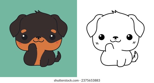 Kawaii Rottweiler Dog Multicolored and Black and White. Beautiful Isolated Puppy. Funny Vector Illustration of a Kawaii Animal for Prints for Clothes, Stickers, Baby Shower. 