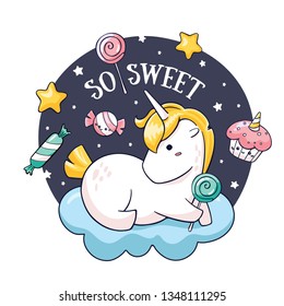 Kawaii round sticker with hand drawn fat unicorn. Vector doodle illustration. So sweet sign lettering. Doodle characters: unicorn, clouds, stars, candy's, lollipop and night sky.