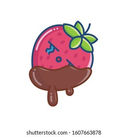 kawaii sad covered chocolate strawberry icon isolated on white