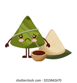 kawaii sad rice dumpling with sauce cartoon