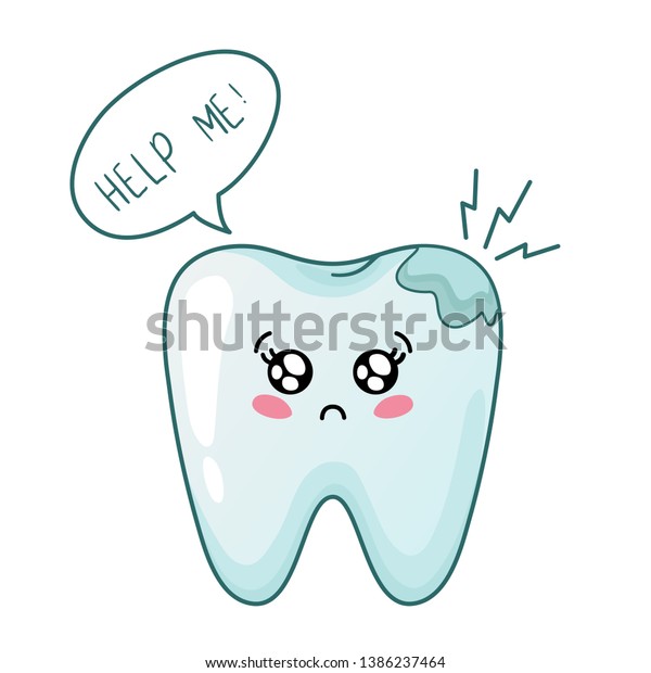 う蝕と欠けた冠を持つかわいい歯 かわいい漫画のキャラクター 歯科のコンセプト 歯の治療 口腔衛生 歯科ケア ベクターフラットイラスト のベクター画像素材 ロイヤリティフリー