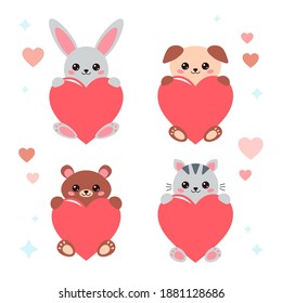 Kawaii Saint Valentine day animals with heart. Cute cartoon vector characters - dog, bear, bunny and cat.