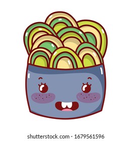 kawaii salad in bowl japanese food cartoon, sushi and rolls vector illustration