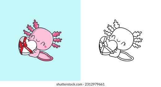 Kawaii Salamander Clipart Multicolored and Black and White. Cute Kawaii Axolotl. Vector Illustration of a Kawaii Amphibian for Stickers, Prints for Clothes, Baby Shower, Coloring Pages.
