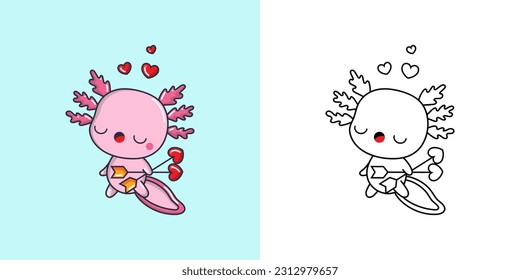 Kawaii Salamander Illustration and For Coloring Page. Funny Kawaii Axolotl. Vector Illustration of a Kawaii Amphibian for Stickers, Baby Shower, Coloring Pages, Prints for Clothes.
