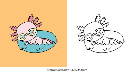 Kawaii Salamander Sportsman Clipart Multicolored and Black and White. Cute Kawaii Axolotl Sportsman. Vector Illustration of a Kawaii Animal for Stickers, Prints for Clothes, Baby Shower, Coloring Page