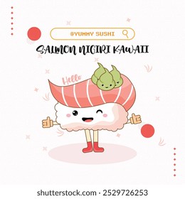 Ilustração de Salmão Kawaii Nigiri Sushi. Kawaii Sushi com Wasabi Topping .
