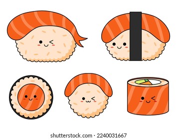 Kawaii salmon sushi set with smiling face and pink cheeks isolated on a white background. Japanese cartoon style. 