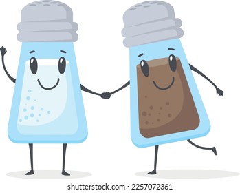 Kawaii salt and pepper shakers together. Cartoon mascots isolated on white background