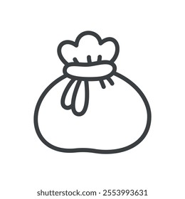 Kawaii Santa Claus bag icon. Hand drawn monochrome illustration of a rag-filled bag tied with a rope isolated on a white background. Cute Christmas sticker. Vector 10 EPS.