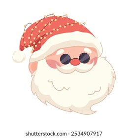 Kawaii Santa Claus with black glasses, hat and garland. Face of cool santa. Vector character on white background