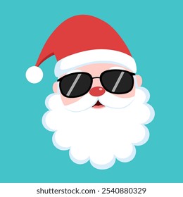 Kawaii Santa Claus con gafas negras en diseño plano. Cara del personaje fresco de santa sobre fondo blanco.