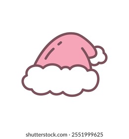 Kawaii Santa Claus hat icon. Hand drawn illustration of a red hat isolated on a white background. Cute Christmas sticker. Vector 10 EPS.