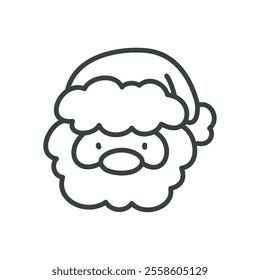 Kawaii Santa Claus icon. Hand drawn monochrome illustration of a funny Santa Claus face isolated on a white background. Cute Christmas sticker. Vector 10 EPS.