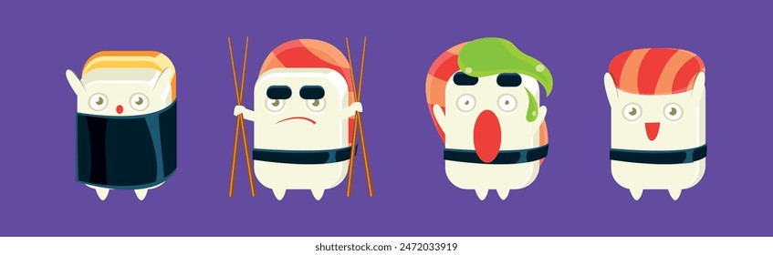 Kawaii Sashimi Mascot with Different Emotion Vector Set