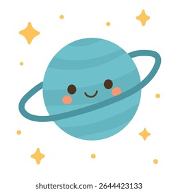 Kawaii Saturno com anéis brilhantes e bochechas rosadas flutua no espaço, ideal para a astronomia aprender visuais, cartazes de crianças celestes ou projetos com temas espaciais.