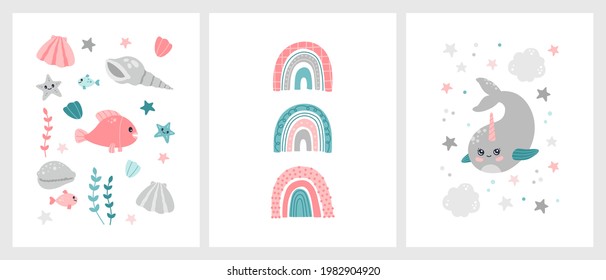 Kawaii Scandinavian narwhal and cute  starfish, shell and fish posters set for birthday and nursery decor. Modern trendy vector illustration for kids room in flat cartoon style isolated on background