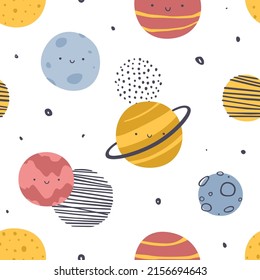 Kawaii scandinavian pattern with smiling planets. Space vector seamless print for baby textile and fabric.