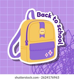 Kawaii school backpack illustration with purple and yellow color scheme, set against a grid background with scribbles. Perfect for themes related to back to school, students, supplies, and education.