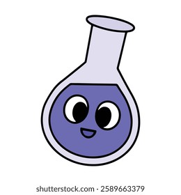 Kawaii school lab flask vector illustration. Cute smiling chemistry flask with liquid inside, isolated on white background. for science, education, and school designs.
