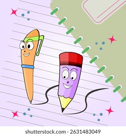 Crayon et stylo d'école Kawaii dans le style de dessin animé mignon. Joyeuses fournitures scolaires. Illustration dessinée à la main sur clip. Concept de la rentrée. illustration plate de l'éducation et du semestre. 