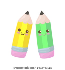 Kawaii School Pencils Cute Cartoon Style Stock Vector (Royalty Free ...