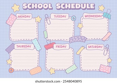 kawaii school schedule blank, soft blue colour, time table, memory, planner, template, vector